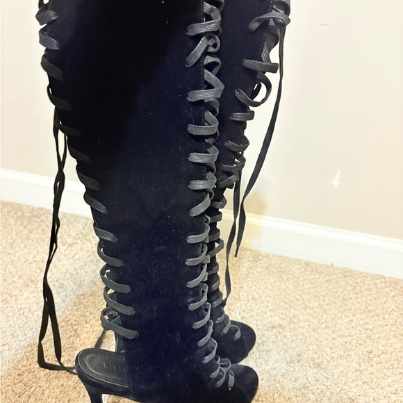 Black Heeled Boots with Lace-Up Design and High Stiletto Heel - Picture 2 of 6